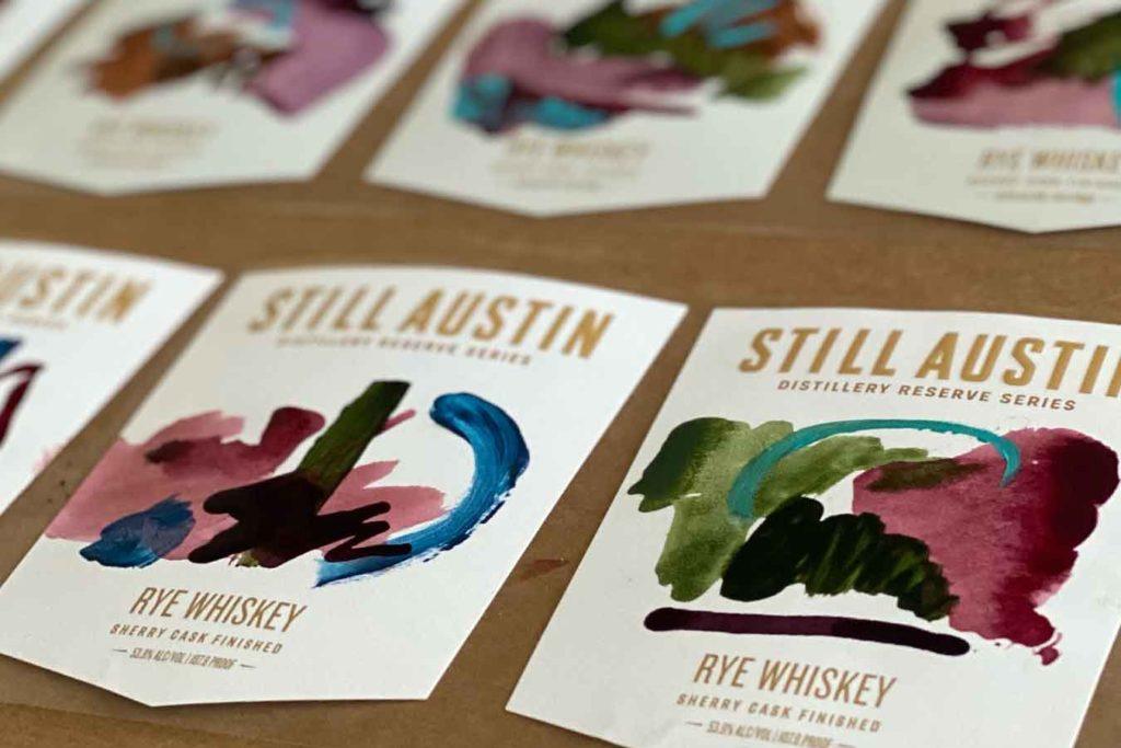 hand painted labels for still austin's sherry-cask finished rye
